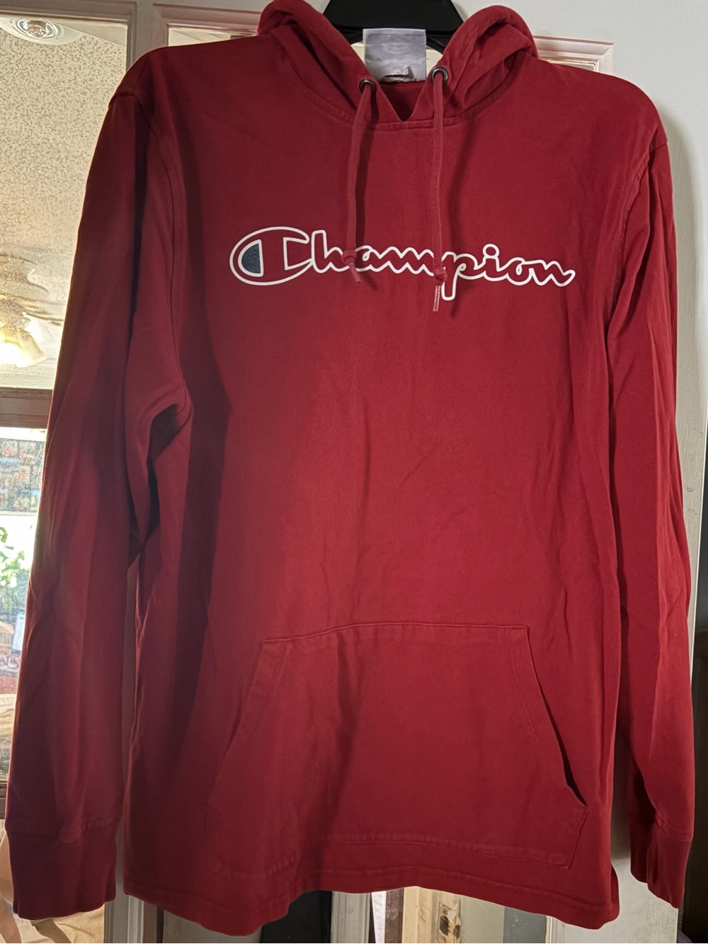 Champion Red Crewneck Hoodie with Script Logo